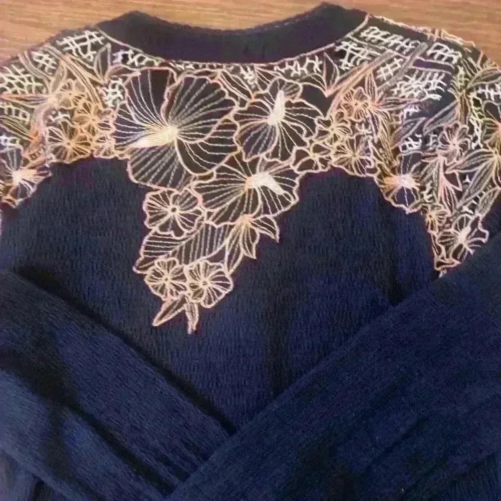 Free People Boho Black Gauze Thermal Embroidered Long Sleeve Top size XS